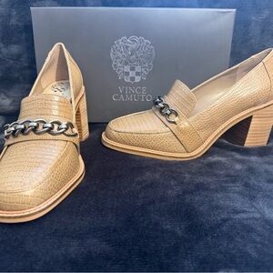 Vince Camuto Tan Croc-Embossed Block Heel Loafers with Chain Accent